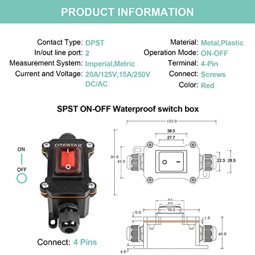Qteatak Inline Cord Switch Waterproof Switch Dpst Ac/Dc 20A-125V,16A-250V,30A-24V,35A-12V, Ip66 Red Open Double Hole Waterproof Box Two-Side Entry And Exit Line Kcd4 #TOP3