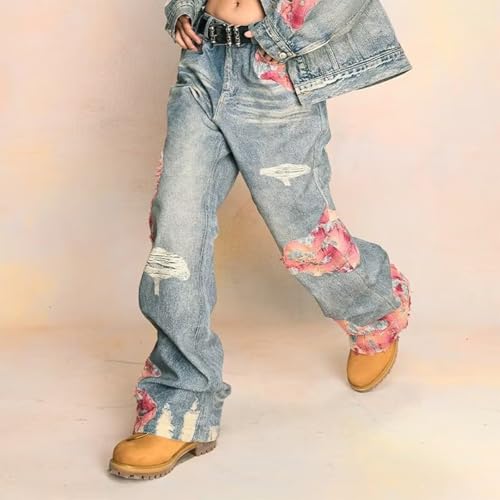 Baggy Jeans Men Frayed Y2k Floral Jeans Loose Fit Ripped Straight Leg Hip Pop Wide Leg Denim Pants Streetwear4