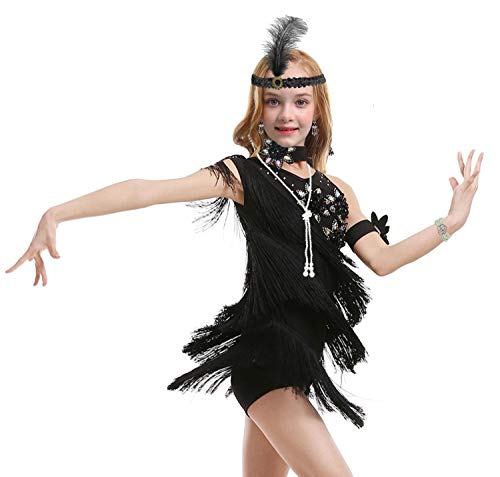 1920s Flapper Dress for Girls Sequined Child's Costume Fringe Dance Performance Dress Accessories Set (X-Large, Style 1 Black)