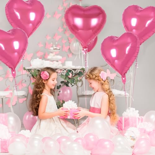 Image of 12 Pcs Deep Pink Heart Balloons,18 Inch Heart Foil Balloons Love Balloon Valentine Balloon for Birthday Party Wedding Engagement Party Baby Shower Valentine Day Decorations