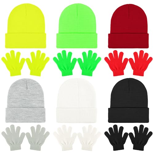 Image of Cooraby 12 Pack Kids Winter Beanies Hats and Full Fingers Gloves for Boys Girls Warm Knitted Set for Cold Weather