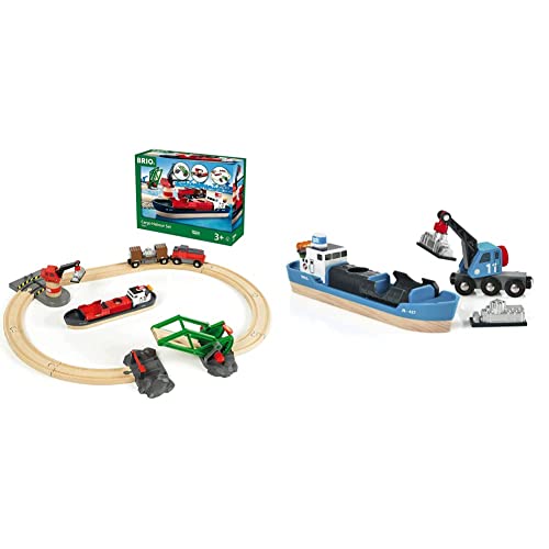 BRIO World 33061 Container Hafen Set - Mit Hafenbrücke und beweglichem Kran zum Beladen des Frachtschiffes - Geeignet für Kinder ab 3 Jahren & Bahn 33534 - Containerschiff mit Kranwagen
