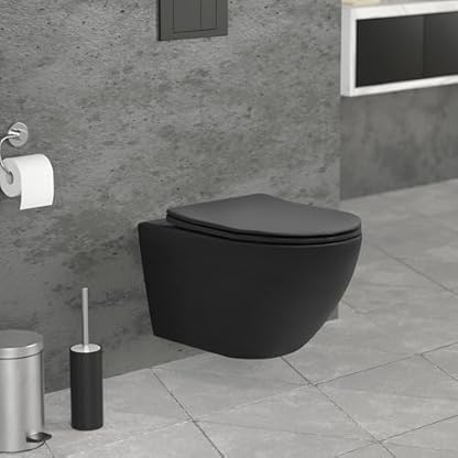 ECD Germany Hänge-WC lang, spülrandlos, schwarz matt, Wand-WC mit WC-Sitz abnehmbar aus Duroplast Softclose Absenkautomatik, Tiefspüler langer Ausladung 52 cm, Toilette aus Sanitärkeramik, Tiefspül-WC