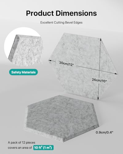 Image of Soundsbay Hexagon Acoustic Panels, Self-Adhesive 18 Pack Sound Panels | 150kg /m High-Density Polyester, Covers 15 sq ft Soundproof Wall Panels for Walls, Office, Ceiling 12 inch X 10 inch Gray