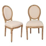 LZMS Vintage Dining Chairs Set of 2, Vintage Farmhouse Style Rubber Wood Room Chairs, Round Back, Solid Wood Frame, Beige Fabric Upholstery French Country Chairs for Kitchen, Bedroom, Dining Room