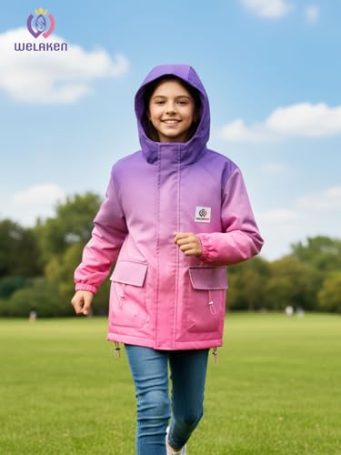 WELAKEN Girls Gradient Water-Resistant Jacket with Fleece Lining and Pockets – Kids Zip-Up Hooded Coat2