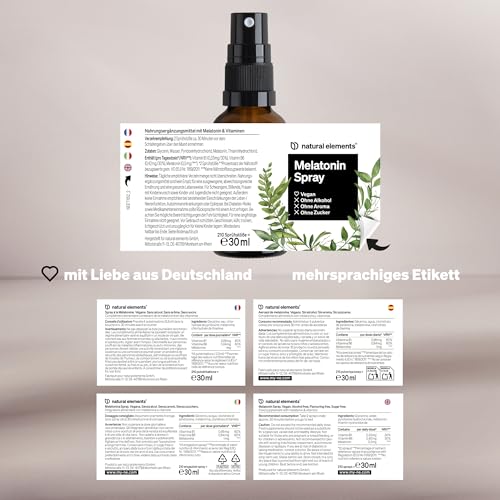 natural elements Melatonin Spray Neutral – 0,5 mg Melatonin pro Tagesdosis – mit Vitamin B1 und B6 – 30 ml, vegan, in Deutschland produziert
