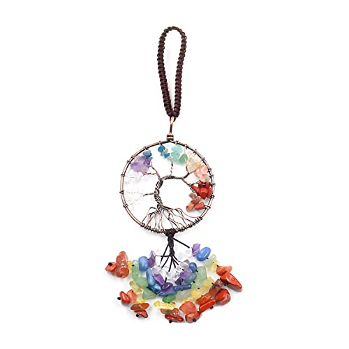 JNNJ Colgante Para El Interior Del Car, 7 Chakras Piedras Adornos Meditación Decoración Espejo del Coche Espejos, Decoración Cristal Árbol La Vida Accesorios Para Colgar El Coche Espejo(Redondo)