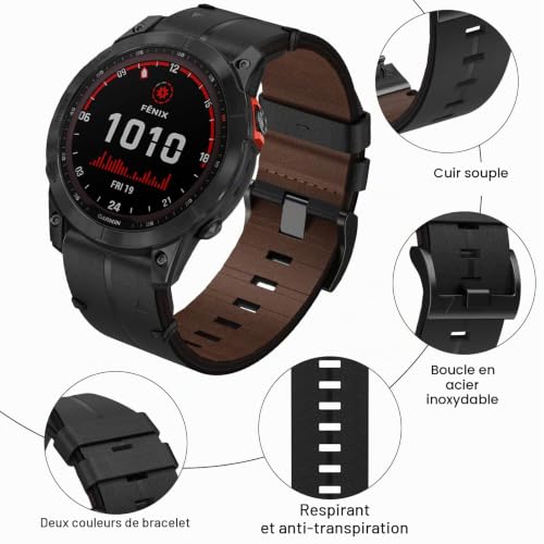 Songsier Bracelet en Cuir, Bracelet de 22mm pour Fenix 7 Solar/Sapphire,Fenix 8 47 mm, Fenix 6 /pro/Sapphire, Fenix 5 /plus, Forerunner 935/945/955, Approach S60, Quatix 5/6/7, Instint Serie – vue 5