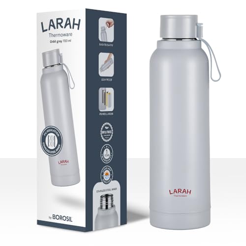 Image of Larah by Borosil 700 ml Orbit Grey Stainless Steel Water Bottle | Made in India Pu Insulated Thermoware | Leakproof, BPA Free| Bottle for Office, School, College & Gym, Daily Use | 1 Year Warranty