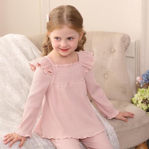 Toddler Girl Fall Winter Outfit Sets Flutter Long Flare Sleeve Smocked Top Stretchy Trousers Knitted Clothing 2-6Y2