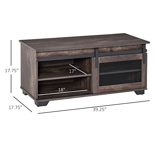 Homcom Farmhouse Coffee Table With Sliding Mesh Barn Door, Storage Cabinet, And Adjustable Shelves For Living Room, Dark Brown #TOP2