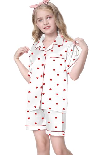 Image of Umeyda Women & Girls Pajamas Set, Soft Satin Lightweight Silk Button-Down Top with Shorts 2 Piece PJS for Mom Boys Kids Gifts