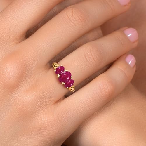 Gem Stone King 18K Yellow Gold Plated Silver Red Ruby Filigree Style 3 Stone Ring for Women (2.80 Cttw, Oval 8X6MM and 6X4MM, Available in Size 5, 6, 7, 8, 9)4