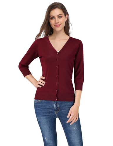 Image of Leadingstar Women's 3 /4 Sleeve Cardigan Lightweight Sweater Cardigan V-Neck Solid Color Soft Knit Sweater Tops