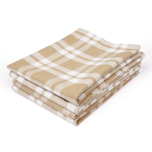 Image of Encasa XO Kitchen Towels Cotton Pack of 4 | 70x45 cm, Franca Beige Checks - Dish Cloths | Highly Absorbent Cleaning & Wiping Cloths for Kitchen | Reusable Tea Towels