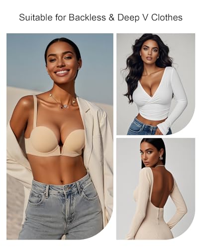 Backless Bra with Clear Straps and Back Plunge Padded Push Up Low Cut Underwire Bras for Women4