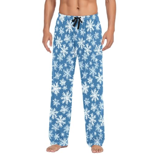 Mens Pajama Pants 100% Cotton, Snowflake Blue Background Men's Flannel Pajama3
