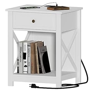 Treocho White Nightstand with Charging Station, X-Design End Side Table with 2 AC and USB Power Outlets, Small Night Stand with Storage Drawer and Open Shelf for Bedroom