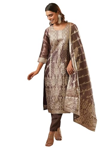 Image of INDO ERA Women's Purple Silk Blend Woven Design Straight Kurta and Pant with Dupatta Set (IESTR5599)