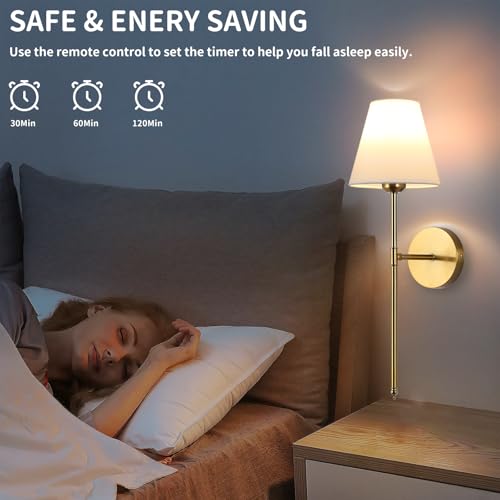 Image of Battery Operated Wall Sconce Set of 2, 15 Colors Wireless Wall Light With Dimmable Remote Control Last 18-50 Hours, Gold Rechargeable Wall Lamp With White Fabric Shade For Living Room Bedroom Hallway