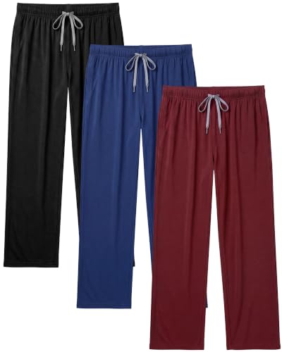 Image of 3 Pack Mens Cotton Pajamas Pants Lounge Pjs Bottoms Sleepwear Bottoms Soft Pants with Pockets Drawstring