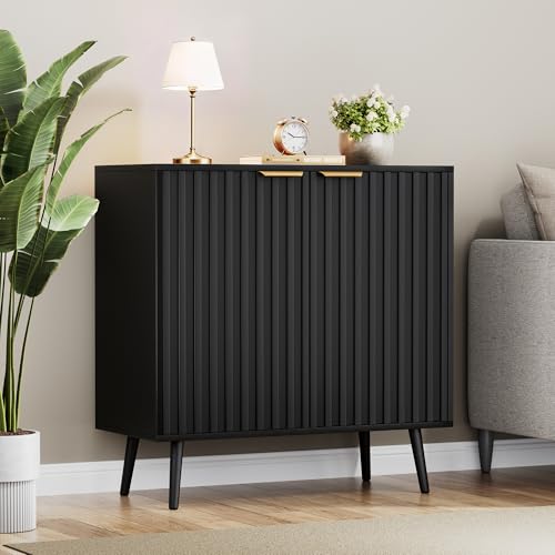 Fkhouse Black Fluted Buffet Cabinet, Free Standing Sideboard with Storage, Wood Accent Cabinet with Doors & Shelf, Modern Credenza, Sideboard Buffet Cabinet for Living Room, Dining Room(1, Black)