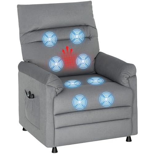 HOMCOM Sillón Masaje Relax, con Calor Lumbar y Masaje Vibración, Sillón Relax Reclinable Eléctrico, Motor Silencioso, Función de Memoria, Bolsillos Laterales, Control Remoto, Gris