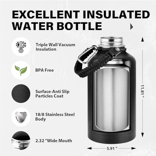 Image of One Gallon Insulated Water Bottle, Triple Wall 128 oz Stainless Steel Wide Mouth Water Bottles (Cold for 48 Hrs), Leak Proof, Non-BPA, Large Water Flask Jug with Paracord Handle & Straw Spout Lids