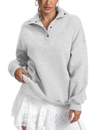 Womens Fleece Sweatshirts Oversized Henley Neck Long Sleeve Butto...