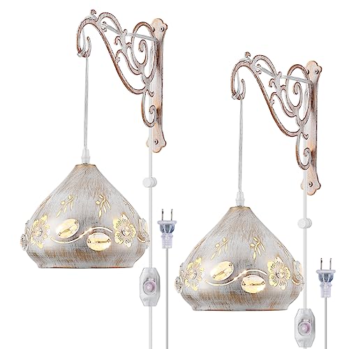 Image of Boho White Hanging Lights Plug in Wall Sconces Set of Two,Rustic Farmhouse Dimmable Wall Lamps Plug in Wall Mounted Lights for Bedside Bedrooms Living Room