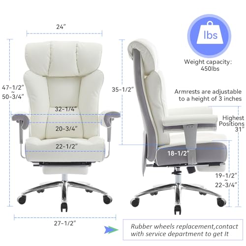 Efomao Big and Tall Office Chair 450LBS with Foot Rest, High Back PU Leather Executive Office Chair with Adjustable Padded Armrests, Lumbar Support for Home or Work, Heavy Duty Computer Chair, White