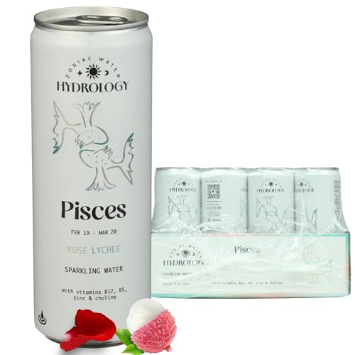 Hydrology Zodiac Water - Pisces Rose Lychee - Organically Flavored Social Sparkling Water with unique Vitamins and Minerals tailored to the Pisces Zodiac Sign, Astrology Drink for Birthday Gift (12-Pack, Pisces - Rose Lychee)