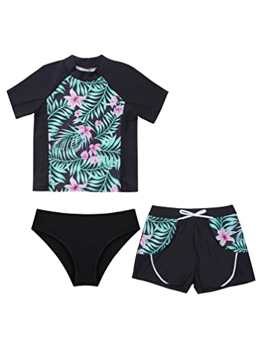 Teens Girls Flower Frinted Short Sleeve Top with Briefs Shorts Rash Guard 3 Pcs Swimwear Set
