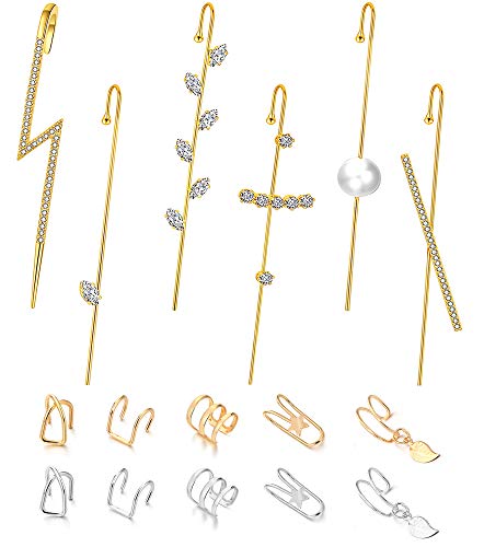 SHIWE 16 PCS Ear Wrap Crawler Hook Earrings for Women Ear Cuff Gold Earrings Hypoallergenic Piercing Ear Wrap Climbers Ear Jewelry Set Gifts for Christmas Birthday
