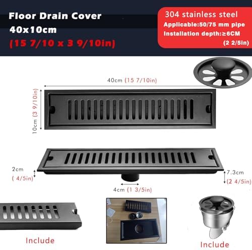 4 Inch Wide Stainless Steel Linear Shower Drain - Odor Proof Floor Grate with Hair Catcher & Removable Cover, Matte Black, 60x10cm (23.6"x3.9") - Perfect for Bathrooms, Kitchens & Outdoor Use