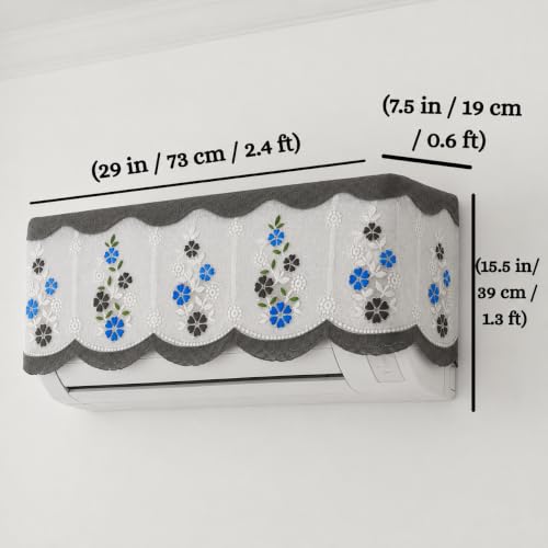 Image of Premium Cotton Net AC Cover for 1.5-2 Ton Split Air Conditioner | Dust Protection AC Indoor Unit Cover for Summer | Embroidered & Printed | Pack of 1 (Grey Flower)