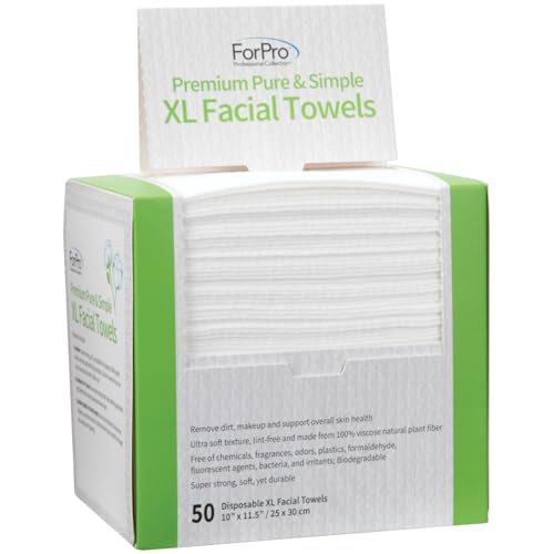 ForPro Premium Pure & Simple XL Facial Towels, Disposable Makeup Remover Dry Wipes, Ultra Soft Lint-Free Biodegradable Face Towels, 100% Vegan & Cruelty-Free, 50-Count