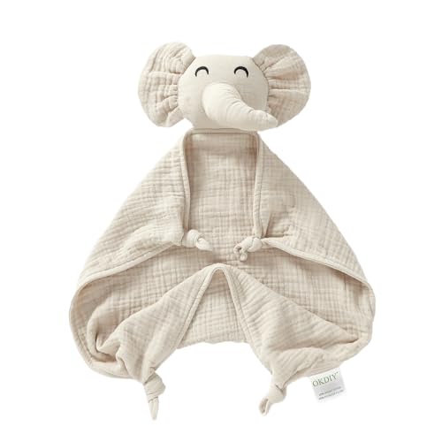 Image of okdiy Organic Elephant Lovey, Muslin Security Blanket for Babies, Elephant Baby Stuffed Animal, Snuggle Toy, Gift for Boys and Girls (Khaki)