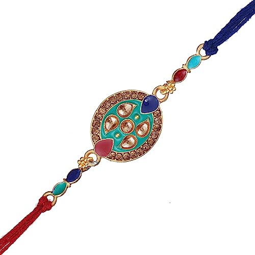 Image of eCraftIndia Peacock Designer Rakhi for Brother with Roli Chawal Pack | Mor Pankh Rakhi for Bhaiya Bhai