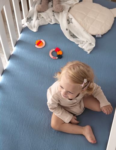 Image of Momcozy Muslin Standard Fitted Crib Sheets, 52"x28", 2 Pack Soft Breathable Natural Cotton Baby Mattress Sheet, 360° Mattress Wrapping No Slip Boys Girls Neutral Toddler Bed Sheet, Sky Blue Grey