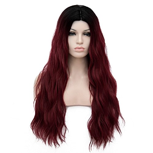 Alacos 70CM Long Wavy Curly Black Roots Ombre Synthetic Cosplay Christmas Party Costumes Wigs for Women +Free Wig Cap (Ombre Dark Red)