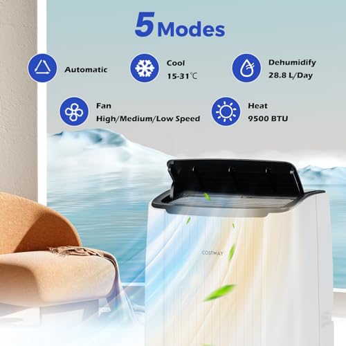 COSTWAY 6-in-1 Portable Air Conditioner 12000BTU, Mobile Heater, AC Unit, Dehumidifier, Fan with WiFi Smart APP, Automatic Mode, Sleep Mode, 3 Fan Speeds, 24H Timer, Remote Control (Linear Pattern) - Image 3