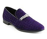 Amali Felix - Men's Loafers, Mens Velvet Slip On Shoes - Quilted and Solid Velvet with Metal Chain and Exotic Jaguar Bit - Men's Smoking Slipper Shoes, Purple Size 12