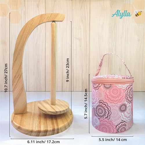 Image of Alylla Wooden Yarn Holder and Spinner, Crochet Organizer for Balls, Skeins and Spindles, Craft Caddy with Storage Bag for Accessories