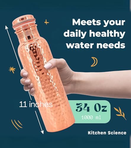 Kitchen Science Copper Water Bottle (34oz/1000ml) w/a Carrying Canvas Bag | 100% Pure Copper Bottle for Drinking Water | Lab-Tested, Heavy Duty & Leak-Proof | Authentic Ayurvedic Copper Water Bottle