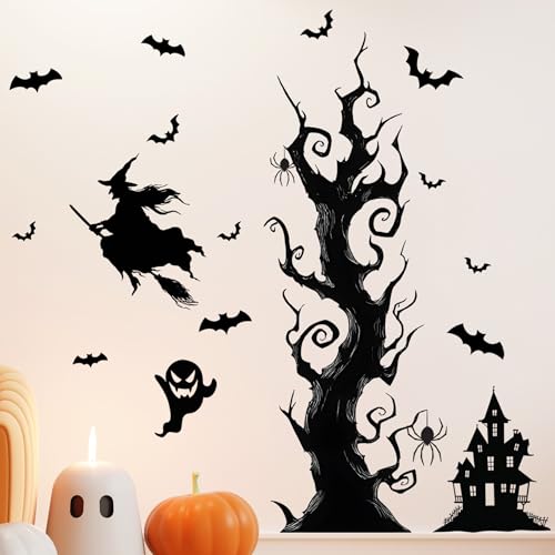 Halloween Wall Decals Peel and Stick Halloween Theme Decor Stickers Removable Vinyl Spooky Scary Face Wall Sticker for Holiday Party Decor. (Haunted House Creepy Tree Bats Wall Decals)