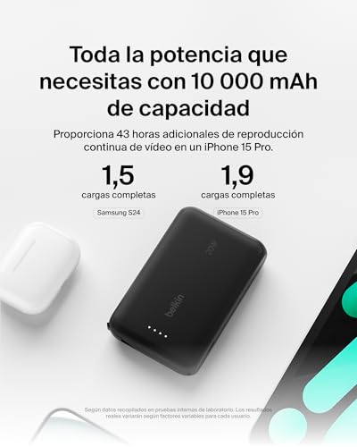 Miniatura 4 de Belkin BoostCharge Batería Externa 10000 mAh con Cable USB-C - Negro | Power Bank de 10000 mAh, 1 puerto USB-C y 1 cable USB-C, 20 W, LED, Autorizada como Equipaje de Mano y Precargada