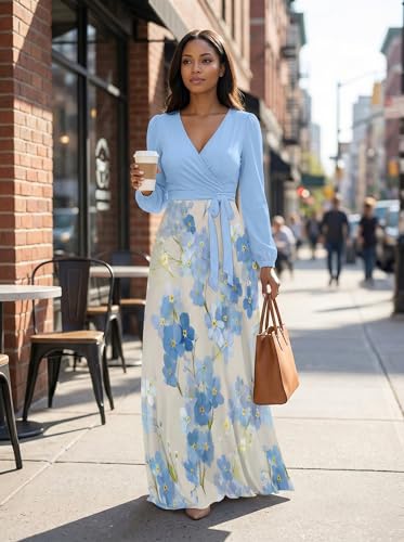 Image of PinkPatty Women's Long Sleeve Maxi Dress Plus Size Trendy Wedding Guest Dress with Pockets&Belt