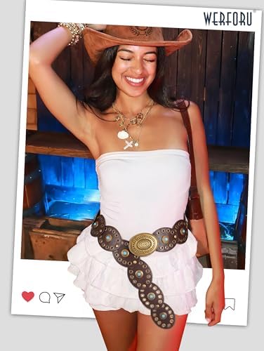 WERFORU Western Concho Belt Women's Wide Waist Belt with Turquoise Decoration Boho Waist Belt for Festivals and Country Outfits